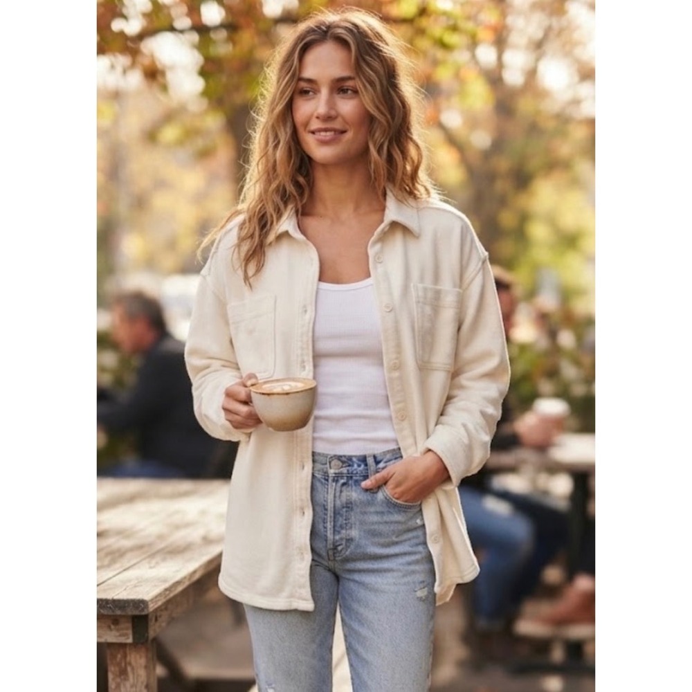 Aerie Women Cream Fleece Button Down Shacket Oversized Shirt Size M
